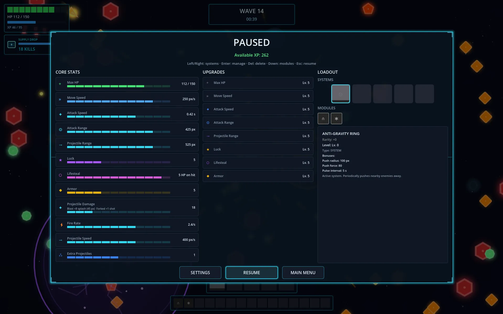 Player stats and upgrade screen in Voidlights