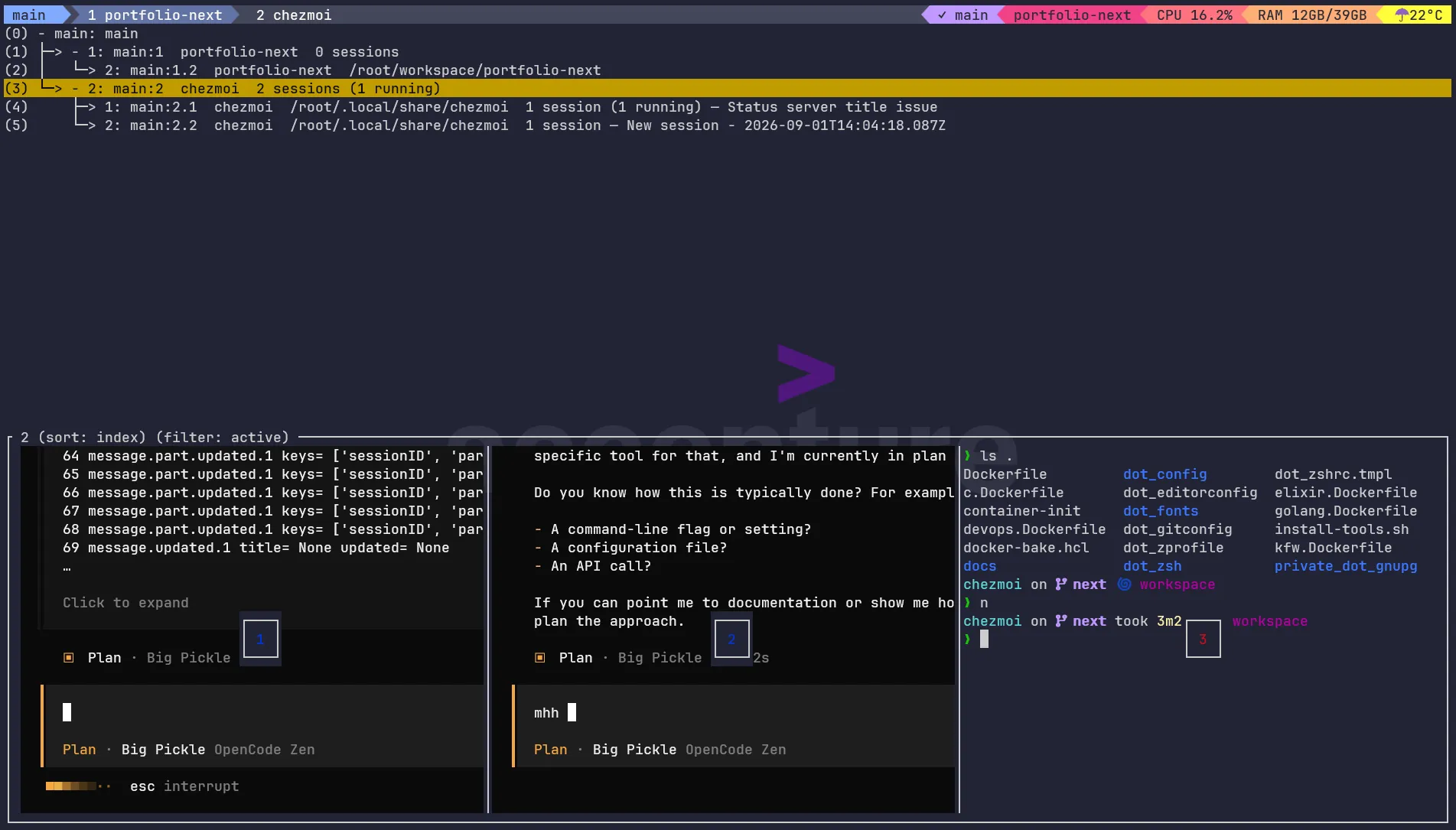 tmux choose-tree showing opencode session statuses